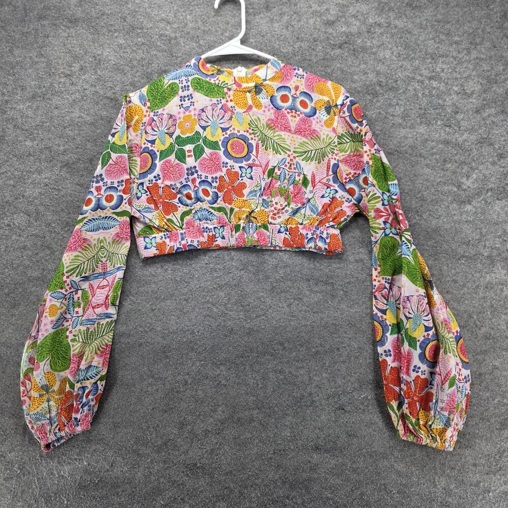 Barok Shirt Womens Small Medium Multicolor Floral Crop Top Balloon Sleeve